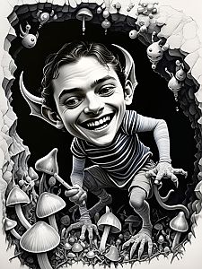 Surreal Black and White Artwork of Mischievous Elf-like Figure