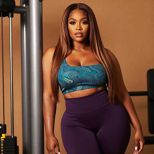 Confident Woman in Blue Crop Top and Purple Leggings in Gym