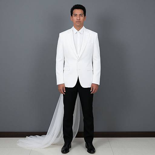 Man Wearing White Blazer with Bridal Veil in Studio