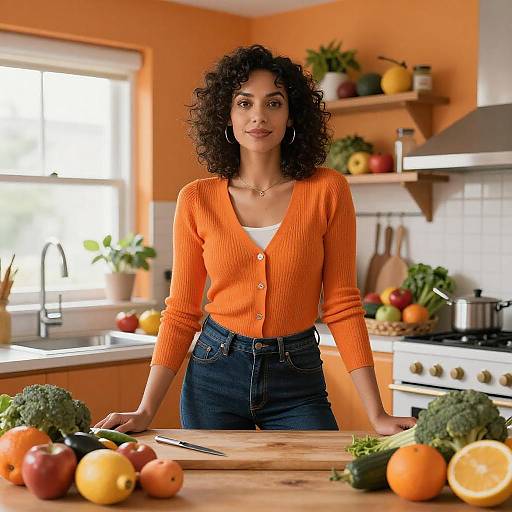 Young Woman in Orange Cardigan Preparing Fresh Ingredients in Bright Kitchen