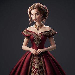Young Woman in Burgundy Gown with Gold Embroidery