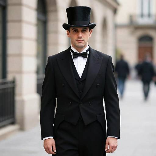 Man in Elegant Top Hat and Tailsuit Standing in City Street