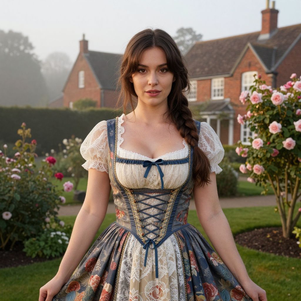 Young Woman in Vintage Floral Dress in Garden with Roses