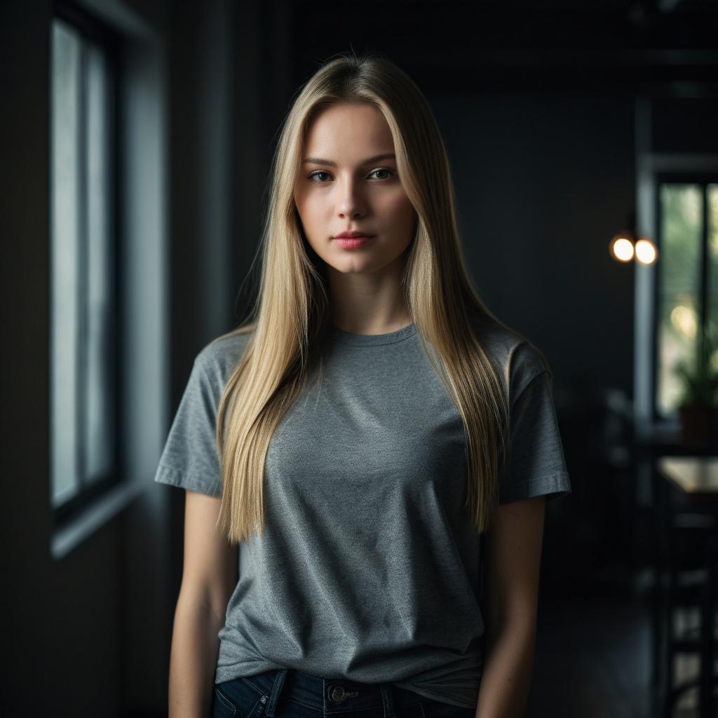 Portrait of Young Blonde Woman in Grey T-shirt by Window Indoors