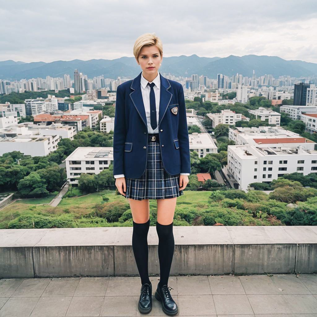 Fashionable Young Woman in Stylish School Uniform Overlooking Modern Skyline