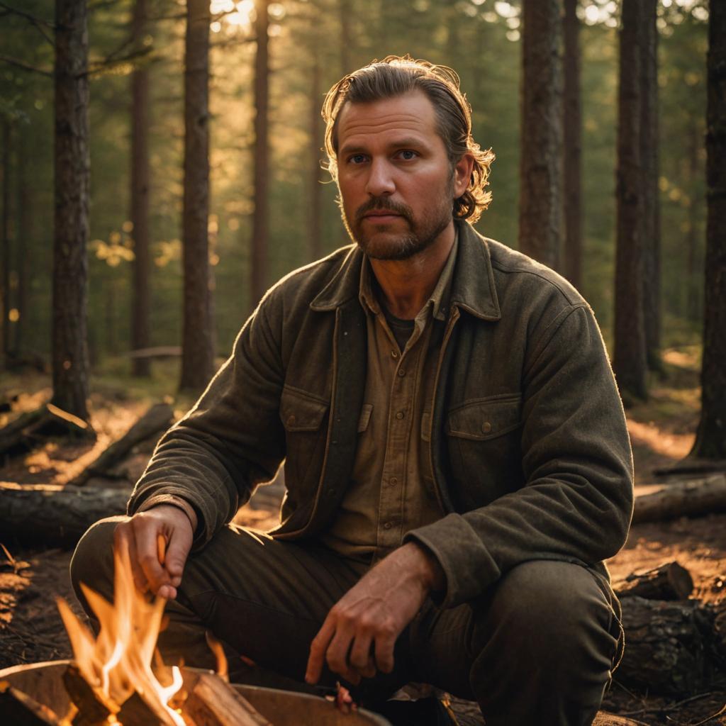 Rugged man by campfire in serene forest at sunset