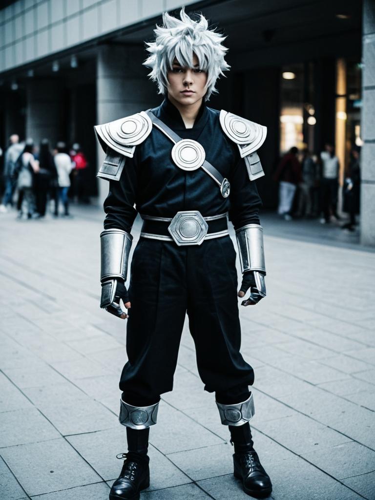 Realistic Asta Cosplay of Man with Silver Armor and White Hair