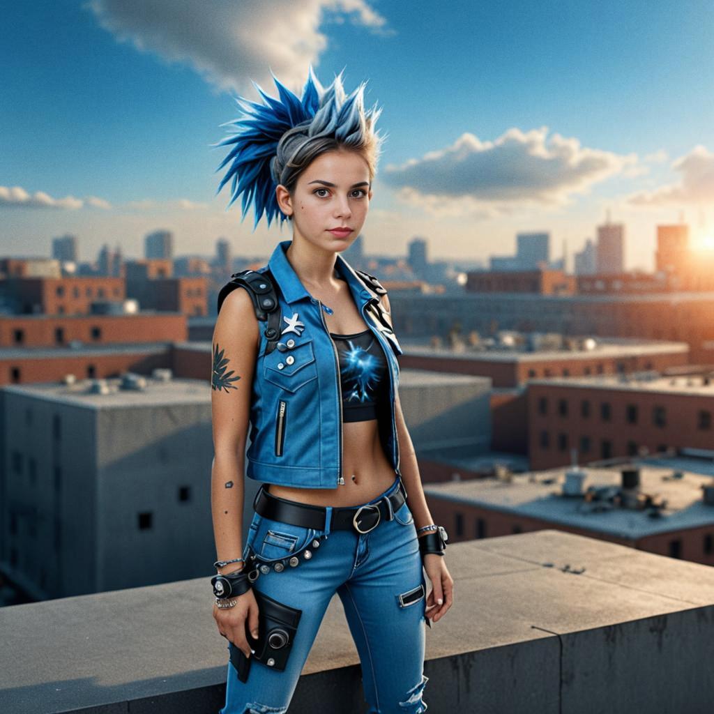 Confident Young Woman in Punk Style on Rooftop