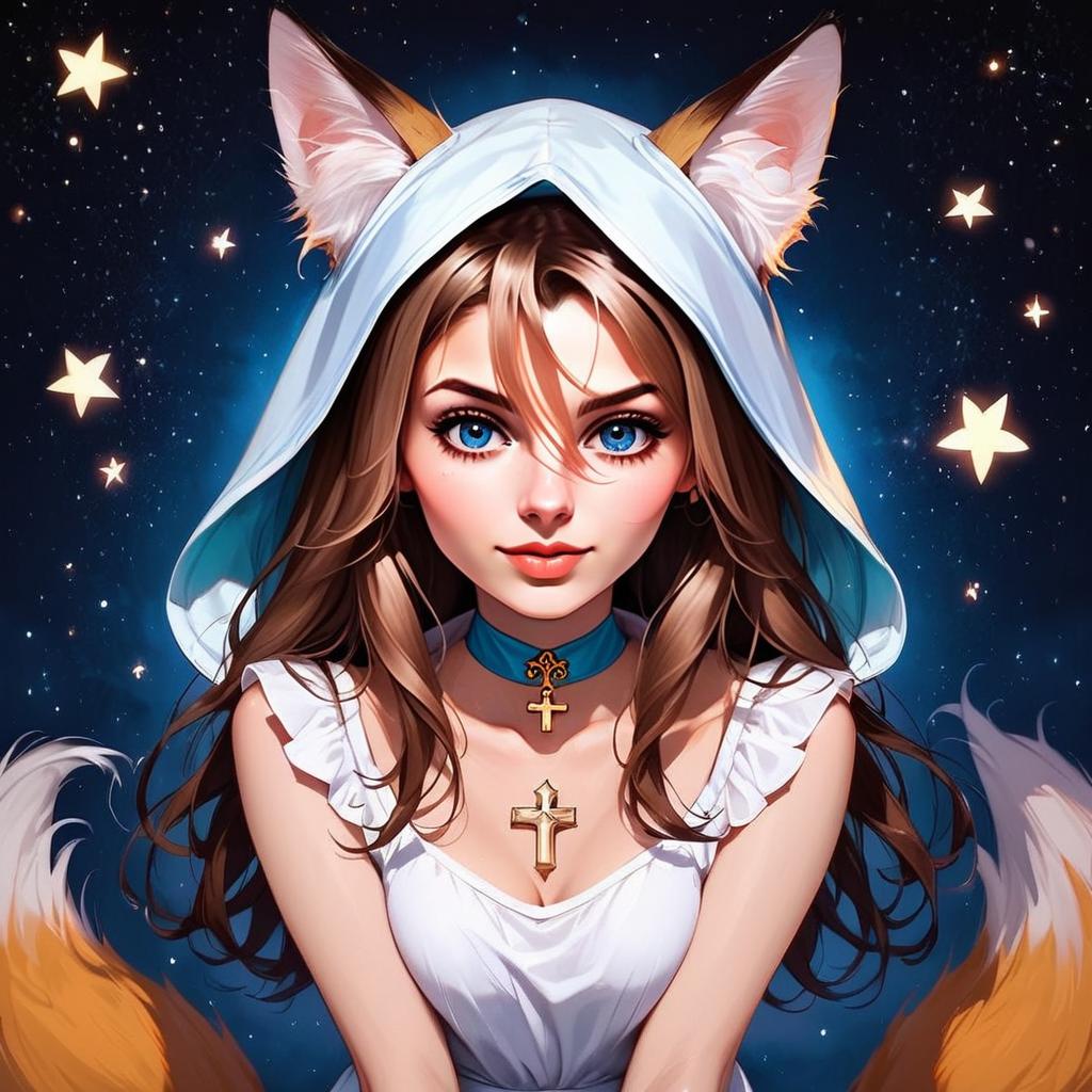 Young Woman in White Hood and Dress under Starry Sky