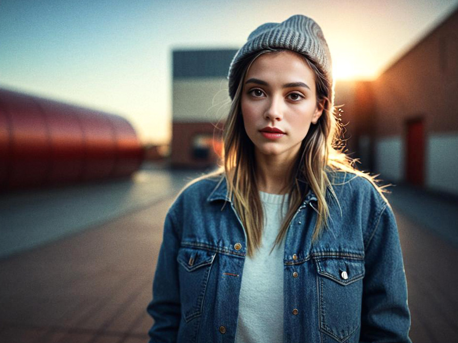 Confident Woman in Denim Jacket at Golden Hour