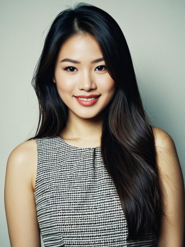 Asian Woman in Elegant Houndstooth Shift Dress Portrait