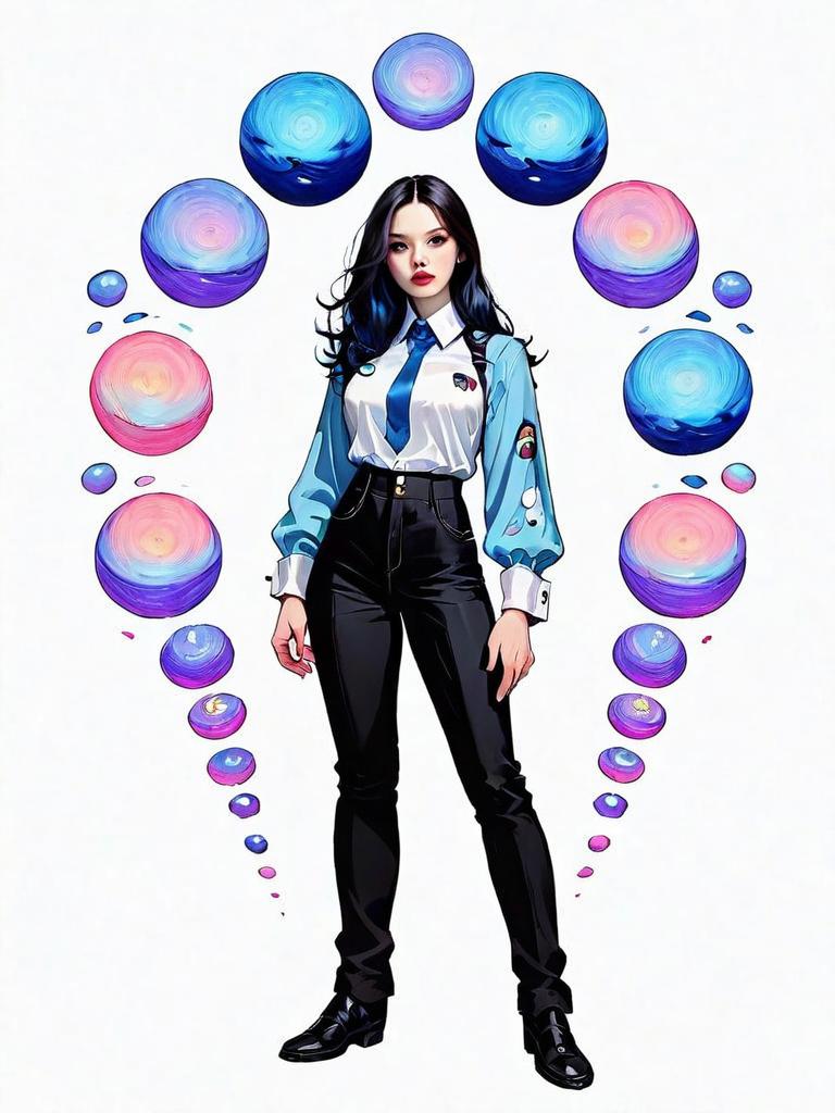 Realistic Full Body Illustration of Woman in Casual Outfit with Colorful Orbs