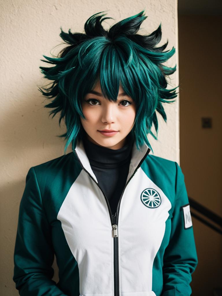 Realistic Inko Midoriya Cosplay Woman Wearing Green White Jacket