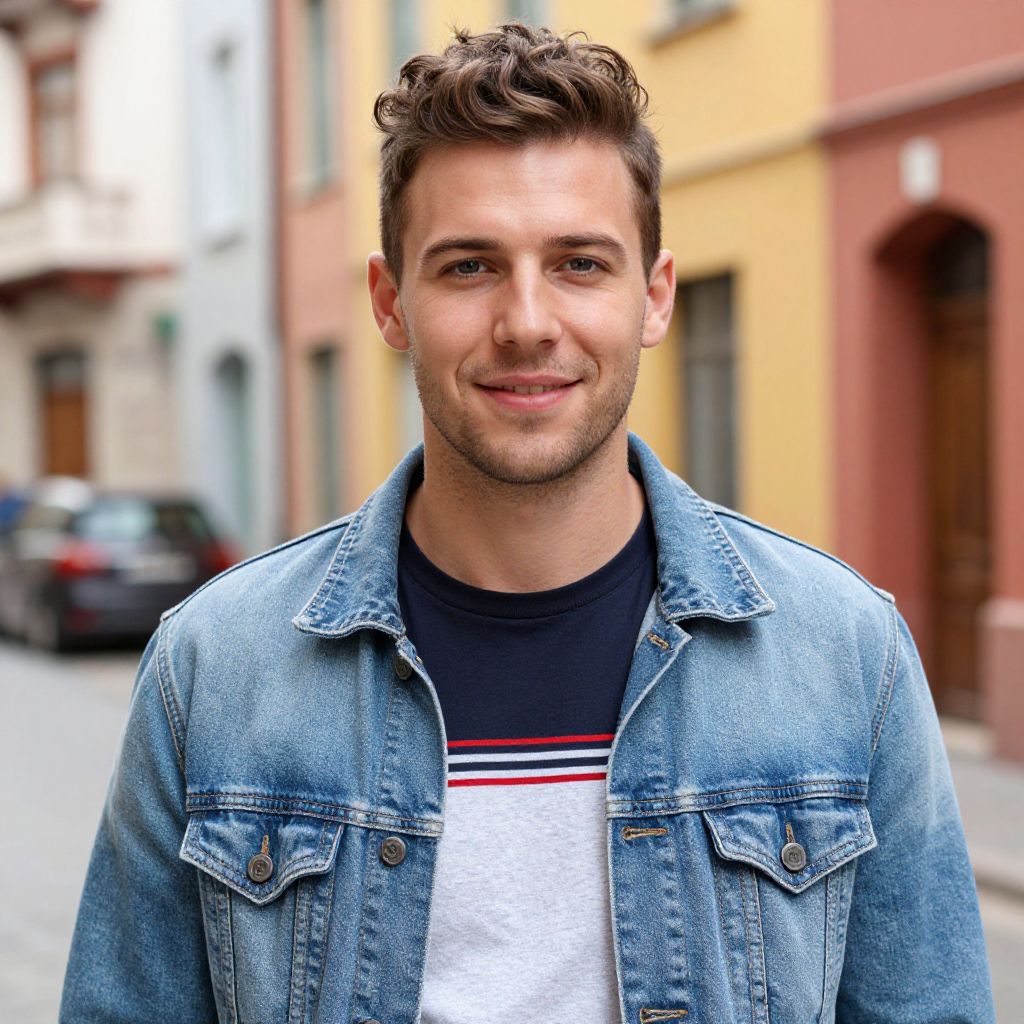 Young Man Wearing Denim Jacket Smiling on City Street