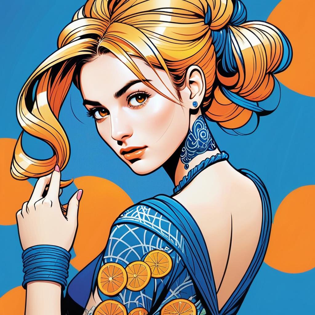 Woman with Golden-Orange Hair in Blue Garment with Orange Slices Woman with Golden-Orange Hair in Blue Garment with Orange Slices