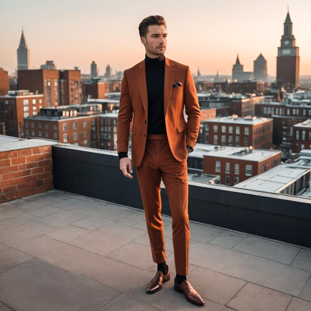 Stylish Man in Orange Suit on Rooftop at Sunset