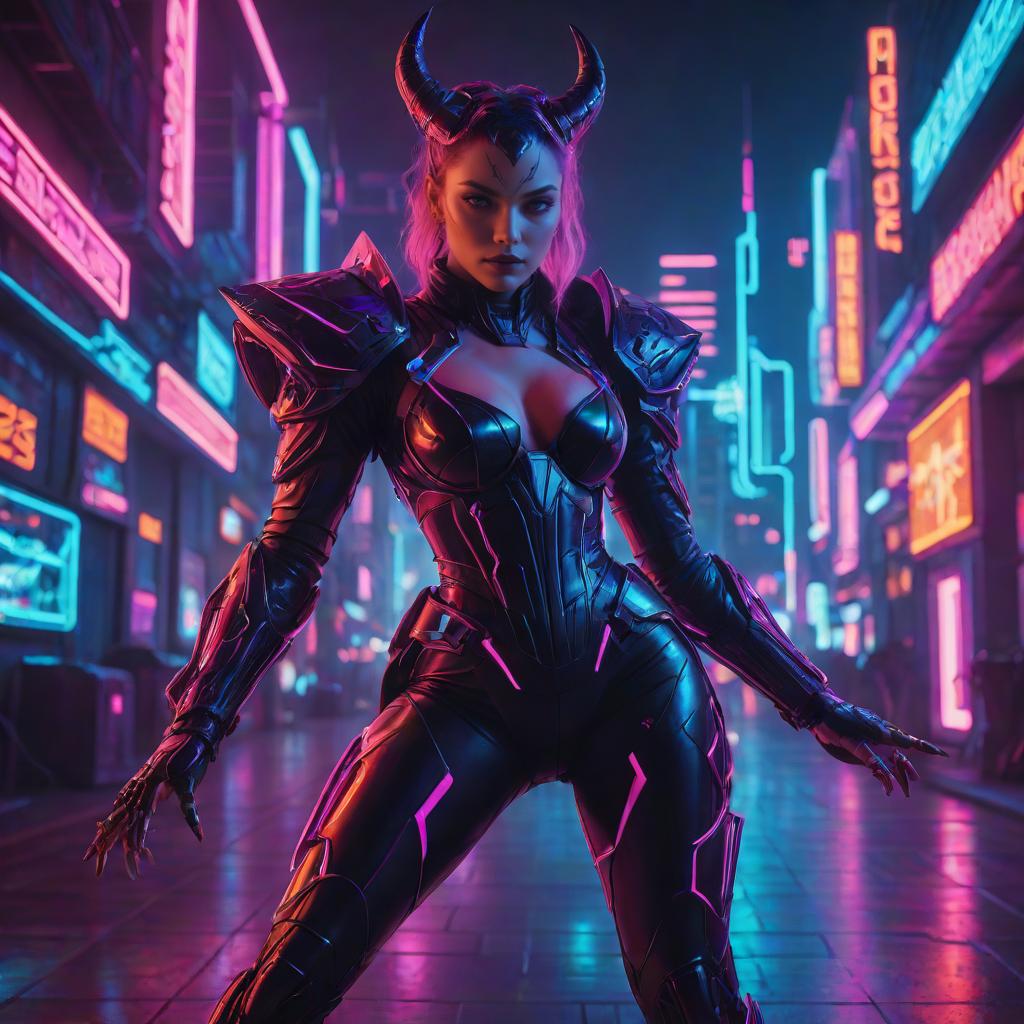 Fierce Woman in Futuristic Armored Bodysuit in Cyberpunk City