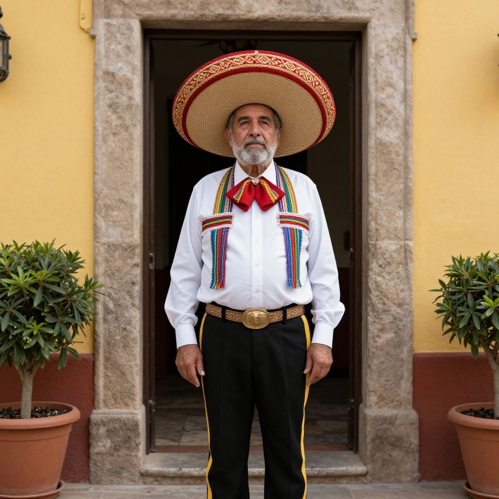 Elderly Man in Traditional Mexican Charro Outfit Standing Outside