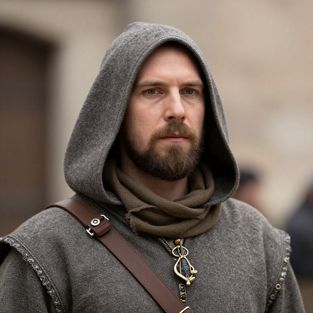 Medieval Man in Gray Hooded Cloak with Leather Strap