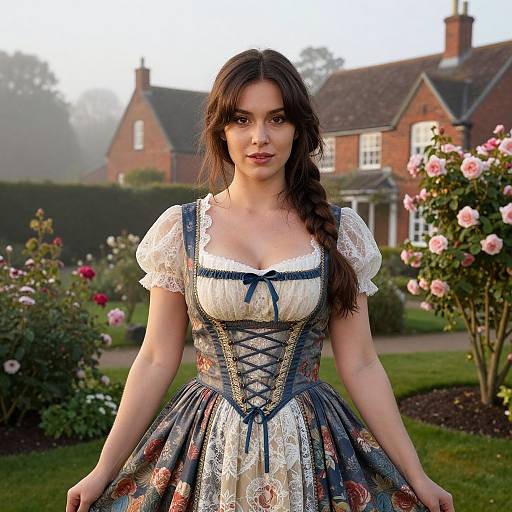 Young Woman in Vintage Floral Dress in Garden with Roses