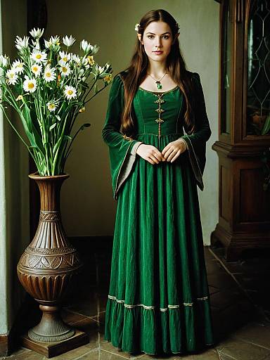 Woman in Green Arwen Costume with Long Brown Hair Standing Near Vase of Daisies