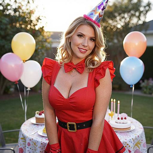 Woman in Red Dress Celebrating Outdoor Birthday Party with Balloons and Cake