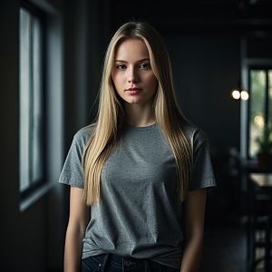 Portrait of Young Blonde Woman in Grey T-shirt by Window Indoors