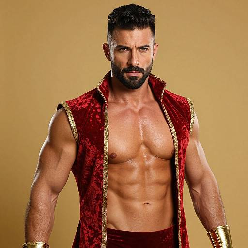 Muscular Man in Red Velvet Vest with Gold Trim