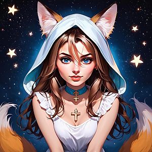 Young Woman in White Hood and Dress under Starry Sky
