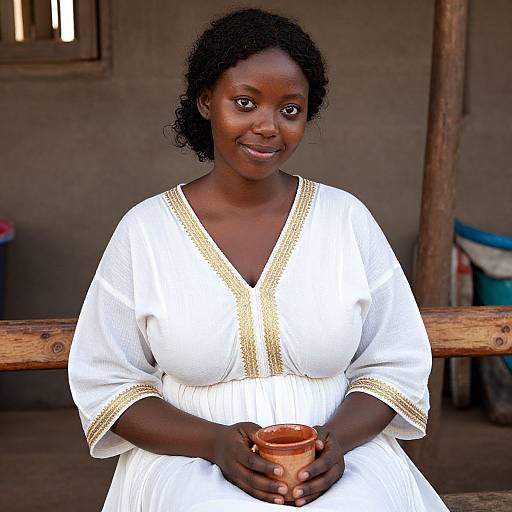 Young Woman in Traditional White Dress Holding Clay Cup