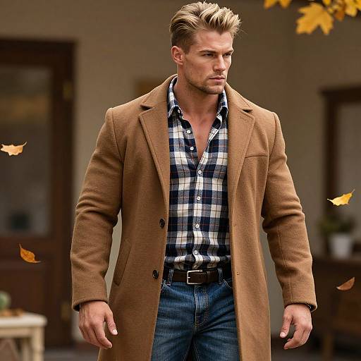 Stylish Man Wearing Camel Coat and Plaid Shirt in Autumn