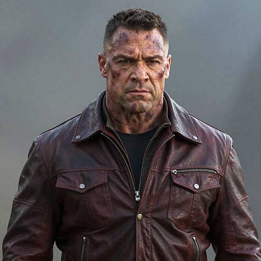 Tough Man with Bruised Face Wearing Brown Leather Jacket