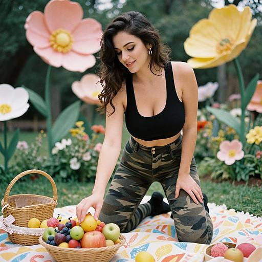 Young Woman Picnic with Fruit Basket in Garden with Large Decorative Flowers
