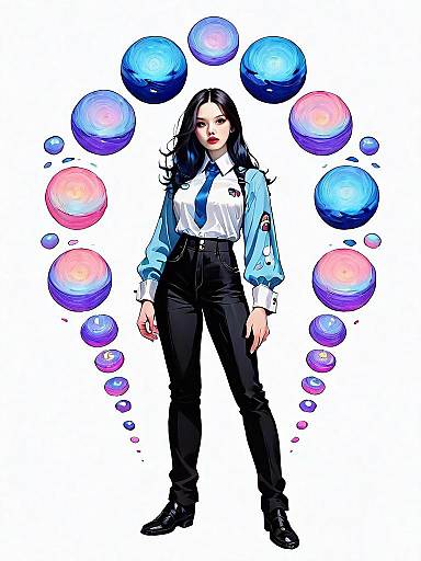 Realistic Full Body Illustration of Woman in Casual Outfit with Colorful Orbs