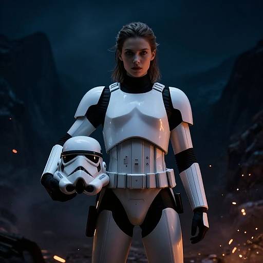 Female Stormtrooper in White Armor Holding Helmet with Dramatic Dark Background
