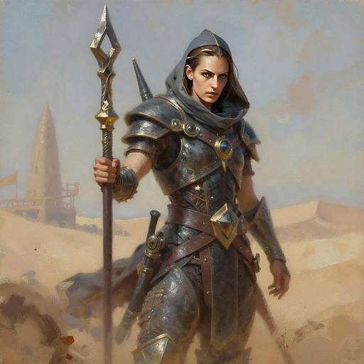 Warrior Woman in Medieval Armor Holding Staff in Desert Fantasy Art