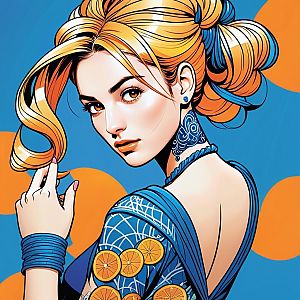 Woman with Golden-Orange Hair in Blue Garment with Orange Slices