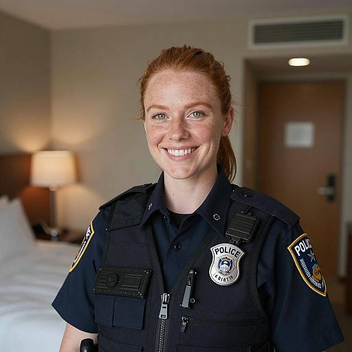 Smiling Female Police Officer in Hotel Room