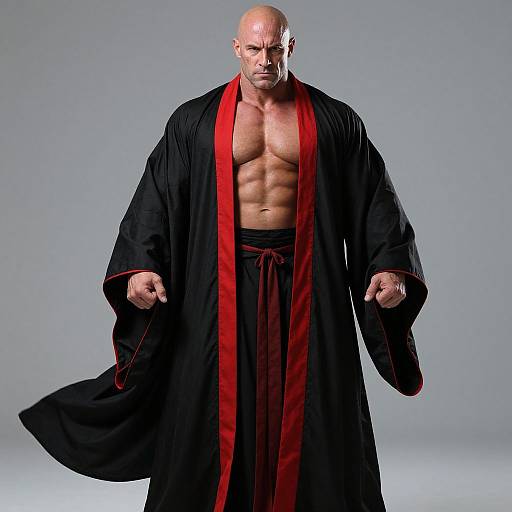 Muscular Bald Man in Black and Red Martial Arts Robe