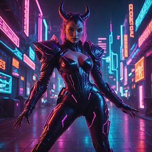 Fierce Woman in Futuristic Armored Bodysuit in Cyberpunk City