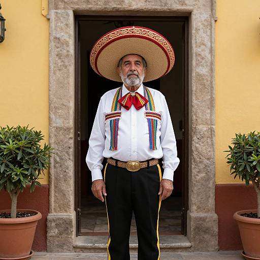 Elderly Man in Traditional Mexican Charro Outfit Standing Outside
