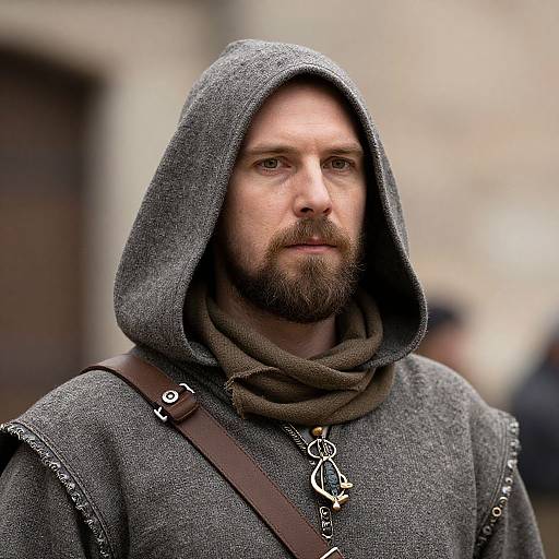 Medieval Man in Gray Hooded Cloak with Leather Strap