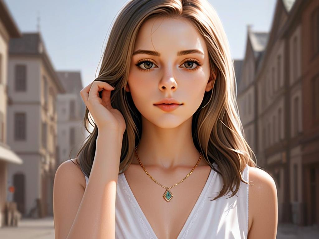 Digital Portrait of Young Woman with Blue Eyes in Urban Setting