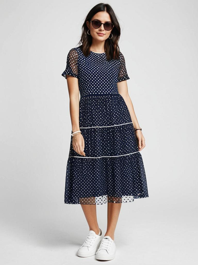 Woman in Contemporary Casual Navy Polka Dot Mesh Overlay Dress