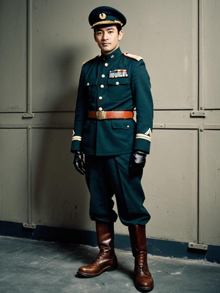 Man Wearing Classic Military Uniform Standing Against Wall