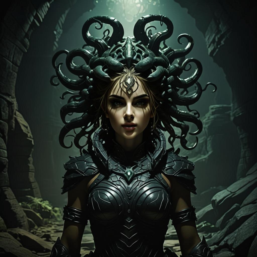 Fierce Woman in Dark Armor in Ancient Chamber