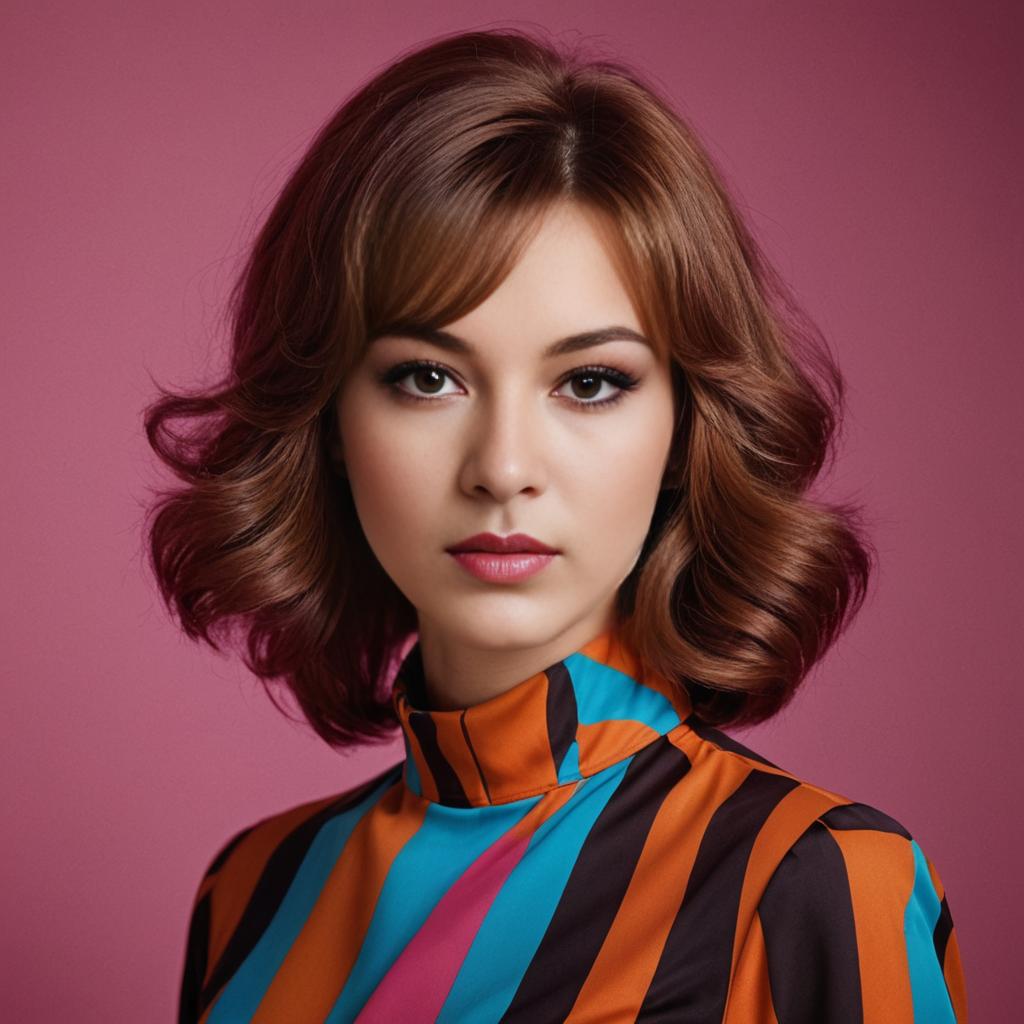 Woman with 70s Hairstyle and Colorful Top