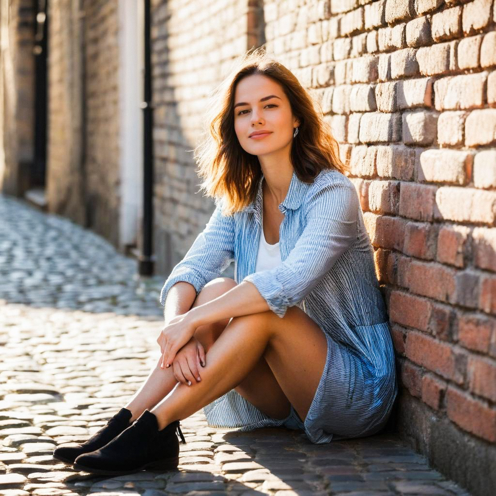 Young woman in striped dress on cobblestone street