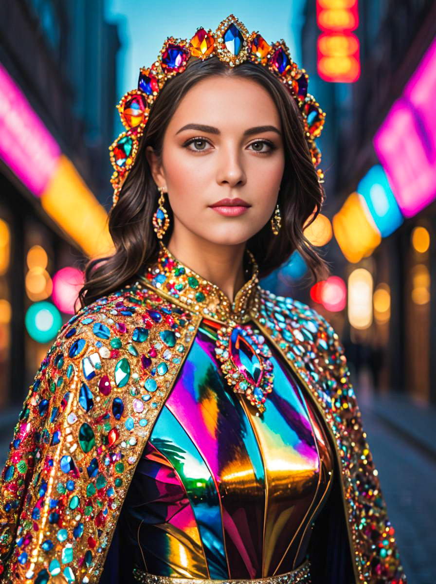 Woman in Sparkling Costume Against City Lights