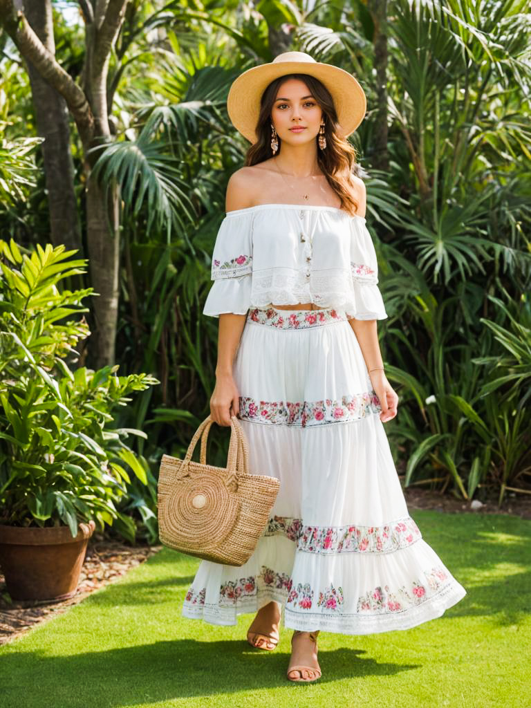 Stylish Woman in Bohemian Outfit in Tropical Setting